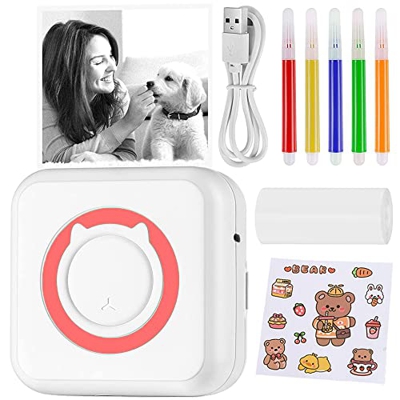 Mini Impresora Térmica Movil,Impresora Portátil Bluetooth con 1 Rollo de Papel Térmico y 5 Rotuladores de Colores,Impresora Fotográfica Móvil Recargab