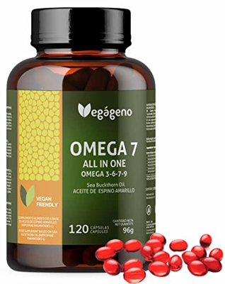 OMEGA 7 ALL IN ONE de Espino Amarillo con Omega 3 6 7 9 y Vitamina E Natural. 120 Cápsulas liquidas Veganas. Ácido palmitoleico (Omega 7) No GMO. Sin 