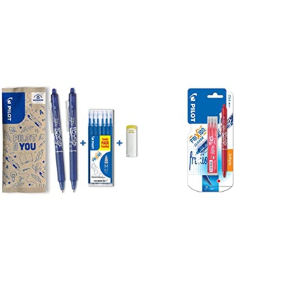 Pilot Spain Frixion Clicker 1 set de 2 Frixion clicker + 6 recargas + 1 goma, color azul + Estuche de 3 bolígrafos roller (tinta de gel, termosensible