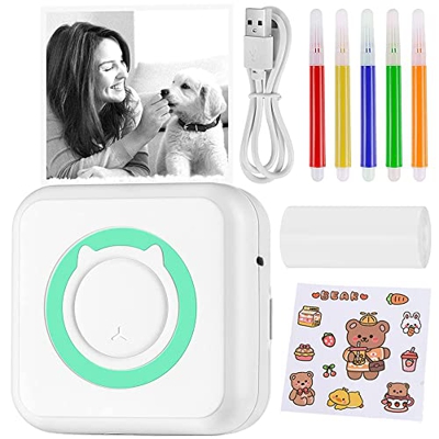Mini Impresora Térmica Movil,Impresora Portátil Bluetooth con 1 Rollo de Papel Térmico y 5 Rotuladores de Colores,Impresora Fotográfica Móvil Recargab