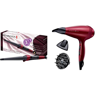 Remington Rizador de Pelo Silk, Cerámica Sedosa, Ondulador de Pelo con Barril de 13 a 25 mm + Secador de Pelo Profesional Silk, Rejilla de Cerámica Se