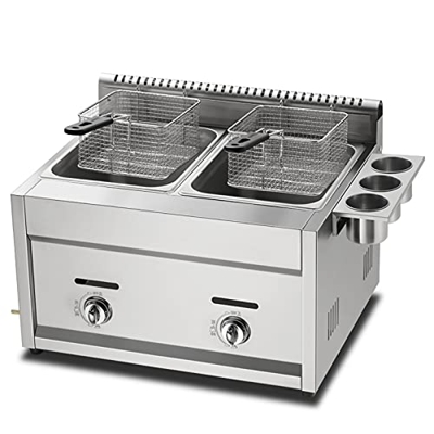 Gas de gran capacidad, 22 l de doble cesta de acero inoxidable GLP, tanque doble, potencia de fuego ajustable independiente, extraíble y lavable, para