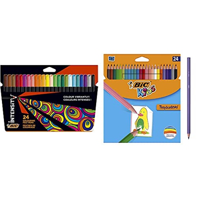 BIC Intensity Rotuladores de punta fina, no se secan, pack de 24 unidades + Kids Lápices de Colores para Niños, Óptimo para material escolar,Tropicolo