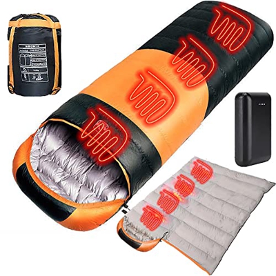 Saco de Dormir Adulto para 3-4 Estaciones, Saco de Dormir calefactado con 20000mAH Banco de energía,Impermeable Ultraligero Saco de Dormir Acampada pa