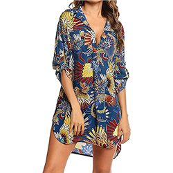 TBSCWYF Cuello en V Pareos Playa Mujer Camisa Suelta Vestido Pareo Playa Ropa de Baño Playa Bikini Cover up Cardigan Verano Manga 3/4 Tops Blusa Flora precio