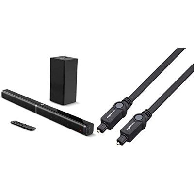 BOWMAKER Tech Barra de Sonido 2.1 Canales para TV 100W con Subwoofer, Potencia 110 dB, Bluetooth 5.0 + Amazon Basics Cable óptico de Audio Digital Tos