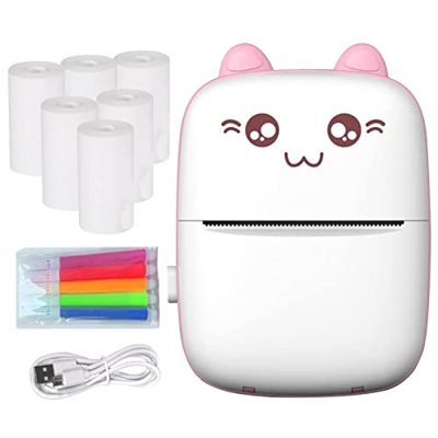 Mini impresora portátil - Mini impresora térmica con 6 rollos de papel de impresión Impresora inalámbrica de bolsillo for asistencia de aprendizaje Di