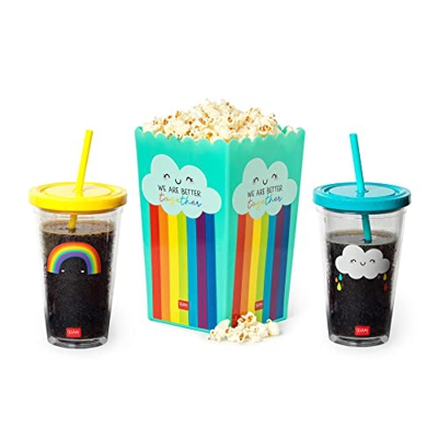 Legami - Set de 1 recipiente para palomitas y dos vasos, Movie Night for Two, de polipropileno, AS, reutilizables, vasos de 450 ml con tapón de rosca 