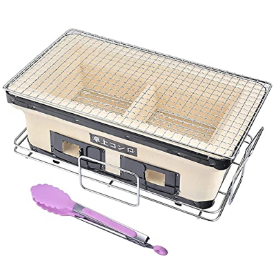 Cakunmik Grill De Carbón De Arcilla De Cerámica Japonesa con Rejilla Y Soporte De Carbón, Barbacoa Rectangular Hibachi Mesa De Parrilla De Carbón Olak
