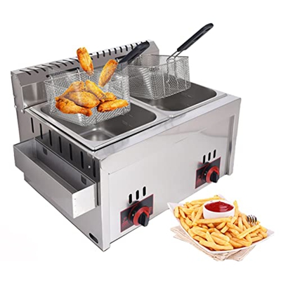 Niczu Freidora de Gas Comercial de 20 litros, Freidora de Grasa Profunda de Doble Tanque Papas Fritas de Acero Inoxidable con Tapas y Cesta para Resta