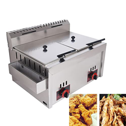 Niczu Freidora de Gas Comercial de Acero Inoxidable, 20 litros Freidora de Grasa Profunda de Doble Tanque Papas Fritas con Tapas y Canasta para Restau precio