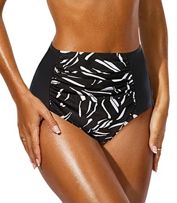 JFAN Traje de baño Deportivo Delgado con realce de Cadera Plisado de Cintura Alta para mujerpantalones Cortos de Bikini para Mujer（Flores en Blanco y 