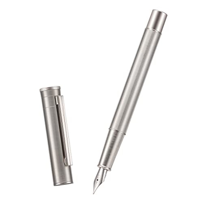 Pluma estilográfica Hongdian Black Forest Silver de acero inoxidable, punta extrafina, diseño moderno, pluma de escritura suave con convertidor y estu