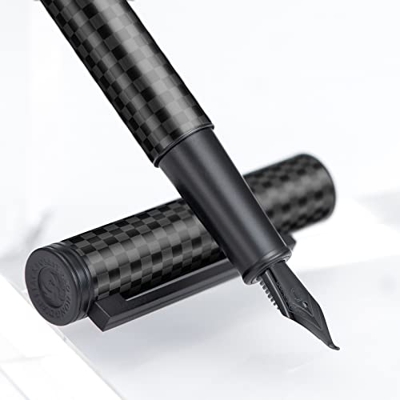 Pluma estilográfica Hongdian Black Forest de fibra de carbono, punta doblada para escritura de caligrafía Fude (fina a ancha) con convertidor y estuch