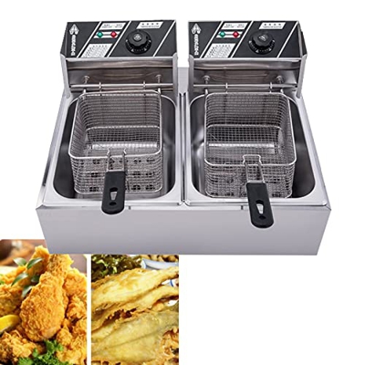 Niczu Freidora Comercial de Acero Inoxidable, Freidora Eléctrica de Doble Tanque de 20 litros con Cesta, Adecuada para Pollo Frito, Papas Fritas y Pes