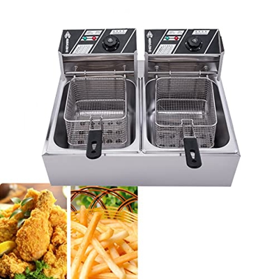 Niczu Freidora Comercial de Doble Tanque de 20 litros, Apta para Pollo Frito, Papas Fritas y Pescado, Freidora Eléctrica de Acero Inoxidable con Cesta