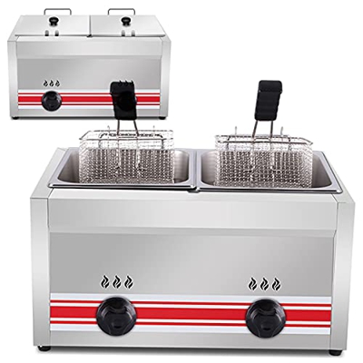 Freidora De Gas para Encimera De Acero Inoxidable, Freidora Comercial De Gran Capacidad De 20 L/30 L con 2 Cestas para Freír De Acero Inoxidable, Pote