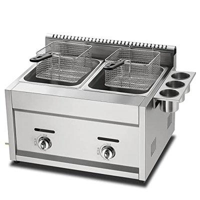 Freidora De Gas De Gran Capacidad 22L Doble Cesta Acero Inoxidable Lpg Freidora Doble Tanque Independiente Potencia De Fuego Ajustable Extraíble Y Lav