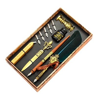 HOUKAI Vintage Quill Feather Dip Pen Fountain Fountain Tinta 5 NIBS Sello Cera Caja Regalo Caja Caligrafía Papelería Suministros Escolares (Color : E)