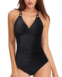 Bañadores Mujer Una Pieza Traje de Baño Tirantes Control la Barriga Escote en V Bikini Profundo Fruncido Monokini Negro 2XL en oferta
