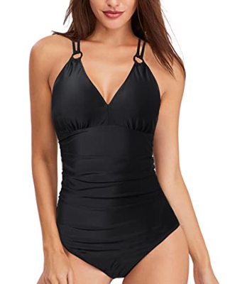 Bañadores Mujer Una Pieza Traje de Baño Tirantes Control la Barriga Escote en V Bikini Profundo Fruncido Monokini Negro 2XL
