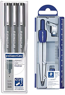 Staedtler 308 WP3 SP. Rotuladores Fineliner Pigment Liner. Estuche con 3 unidades. + Staedtler Noris Club 550, Set de Dibujo Estuche, Compás Escolar, 