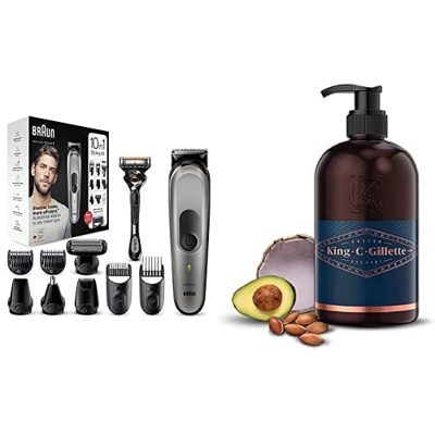 Braun Recortadora de barba 10 en 1, máquina cortar pelo con tecnología Autosense y maquinilla Gillette + KING C. GILLETTE Gel para barba y rostro homb