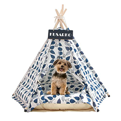 KUSARKO Tipi - Tienda de campaña para mascotas, tiendas de campaña para perros y gatos con cojín y pizarra, gran espacio, 50 x 50 x 60 cm (hojas azule características