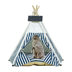 KUSARKO Tipi - Tienda de campaña para mascotas, tiendas de campaña para perros y gatos con cojín y pizarra, gran espacio, 50 x 50 x 60 cm (azul blanco características