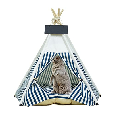 KUSARKO Tipi - Tienda de campaña para mascotas, tiendas de campaña para perros y gatos con cojín y pizarra, gran espacio, 50 x 50 x 60 cm (azul blanco