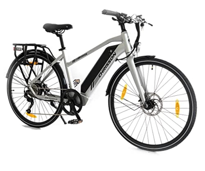 CHRISSON Bicicleta eléctrica de 28 pulgadas, eTREKKING Bike eSARGOS Lady con 9 G Shimano 14 Ah Samsung Silver gris mate
