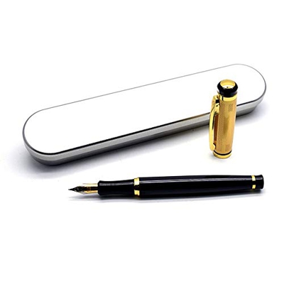 YGJD Pluma Estilográfica Pluma de Regalo de Carne de Metal de Placa Fina de la Fuente Pluma Moda Clásica (Color : Black, Size : 14.0X1.3cm)