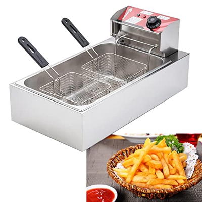 Niczu Freidora Comercial de Acero Inoxidable, Freidora Eléctrica de un Solo Cilindro de 12 litros Tamiz Doble, Apta para Papas Fritas, Pollo Frito y P