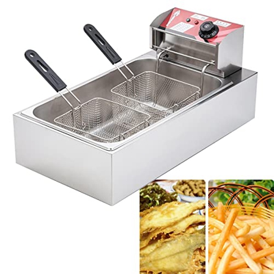 Niczu Freidora Comercial de Acero Inoxidable de 12 litros, Apta para Papas Fritas, Pollo Frito y Pescado, Freidora Eléctrica de un Cilindro y Doble Ta