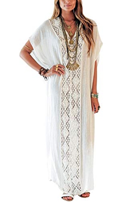 YouKD Algodón Hollow Up Floral Caftán Suelto Boho Beach Bikini Cover Up Vestido Tallas Grandes Loungewear para Mujeres