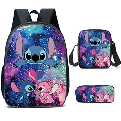 ZMOO Stitch Backpack - Juego de 3 bolsas de libros para niños, mochila de dibujos animados con bolsa de almuerzo, estuche para escuela, viajes al aire