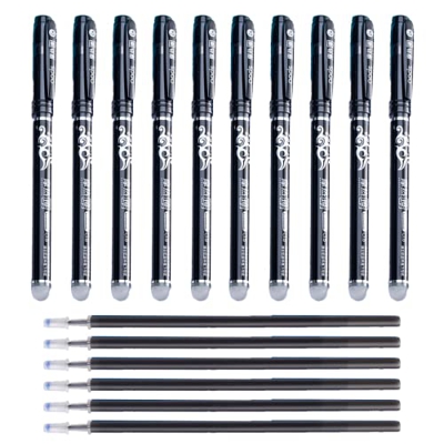 12pcs Boligrafos Borrables Negros + 15pcs Recambios de Bolígrafo Repuesto + 2 borradors diferentes para Escribir Dibujar Enseñar (12pcs Negro)