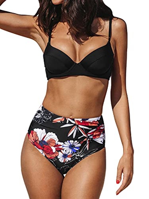 CUPSHE mujer Conjunto De Bikini Traje De Baño De Talle Alto Push Up Con Cordones Negro Floral, L