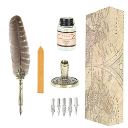 Juego de pluma de pluma antigua, pluma de punta de metal de 1,0 mm Pluma de escritura con 5 puntas de pluma, base de soporte de pluma, botella de tint características