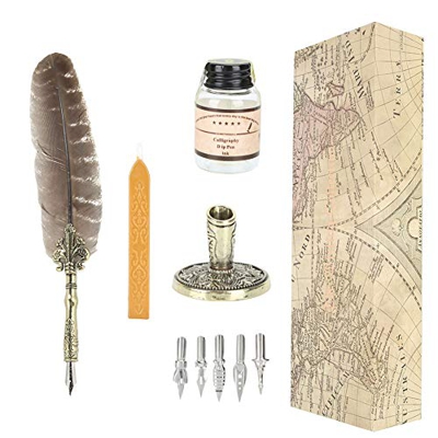Juego de pluma de pluma antigua, pluma de punta de metal de 1,0 mm Pluma de escritura con 5 puntas de pluma, base de soporte de pluma, botella de tint