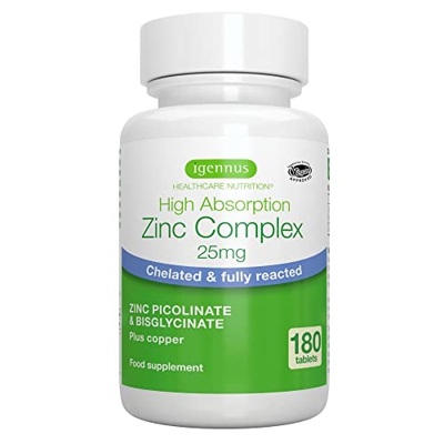 Complejo Quelado de Zinc de Alta Absorción 25mg con Cobre, Picolinato y Bisglicinato de Zinc, apoyo para la Salud de la Piel, Inmune y Celular, 180 Ta