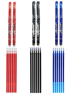 RHardware 6 bolígrafos de tinta azul,roja,negra,borrable de 0,7mm y 18 recambio de gel de bolígrafos