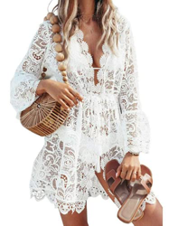 JFAN Vestido de Manga Larga de Encaje con Cuello en V y Estampado Floral Bikini de Playa para Mujeres(Blanco,L) características