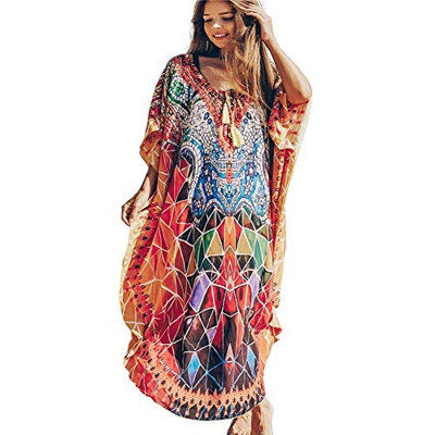 XIVISTO Kaftan Vestido Largo de Playa Mujer Maxi Túnica Pareo Floral Bohemio Traje de Baño Cover Ups