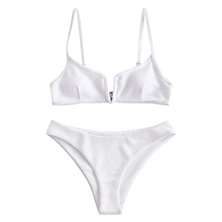ZAFUL - Bikini de dos piezas para mujer con corte alto y acolchado con cable en V, blanco, M en oferta