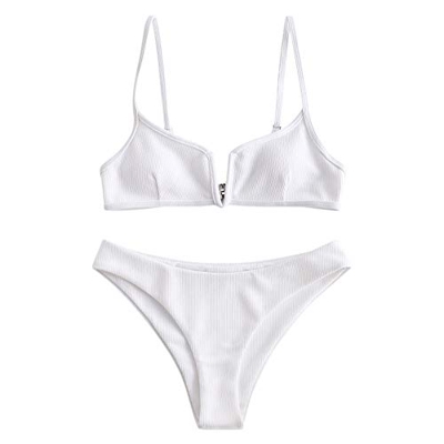 ZAFUL - Bikini de dos piezas para mujer con corte alto y acolchado con cable en V, blanco, M