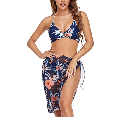 IHCEMIH Bikinis Mujer 2022 Push up Halter Cintura Baja Floral Impresión Bañador Azul Bikini Brasileño Conjunto Tres Piezas Bañadores Traje de Baño Rop