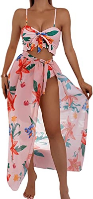 LATH.PIN Conjunto de bikini para mujer de cintura alta de tres piezas con estampado floral Push Up Tankini conjunto sexy tirantes ajustables, Rosa, M