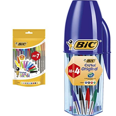 BIC Cristal Multicolour Bolígrafos Punta Ancha – Colores Surtidos, Bolsa de 20 + 7 Unidades + Cristal Original Bolígrafos Punta Media Colores Surtidos