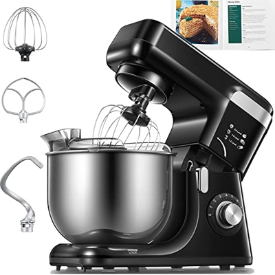 Batidora Amasadora, 5.5L con Recipiente de Acero Inoxidable, Tapa a Prueba de Salpicaduras, Sin BPA